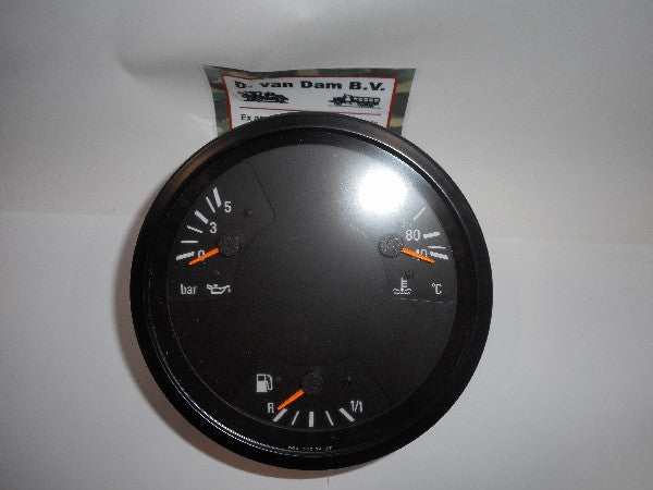 Combiklok gauge with indicators for bar pressure, temperature, and fuel level. Combiklok gauge with indicators for bar pressure, temperature, and fuel level.