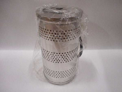 Steel oil filter wrapped in plastic packaging.